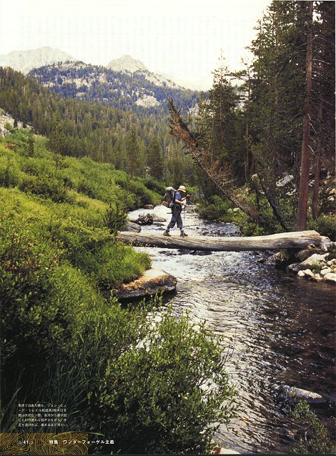 Crossing a tree bridge on the John Muir Trail